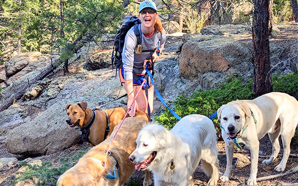 Handler leading multiple dogs on rocky trail hike