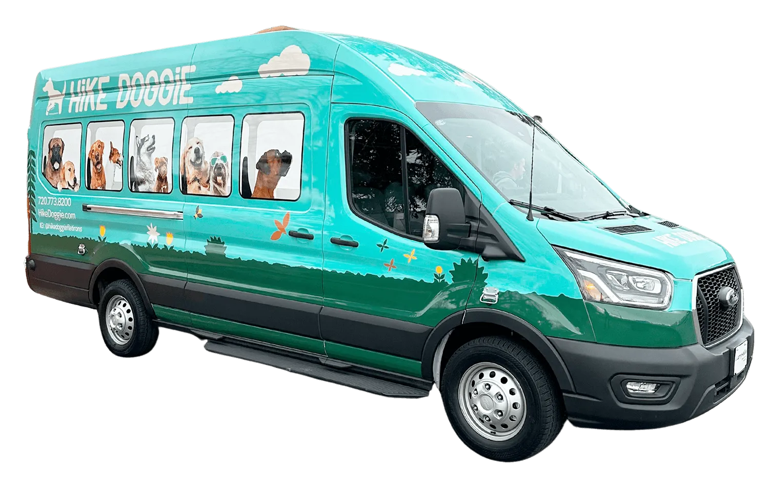 Side view of Hike Doggie van, branded dog walking transport