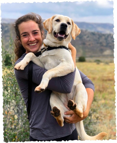 Woman holding happy retriever after outdoor walk