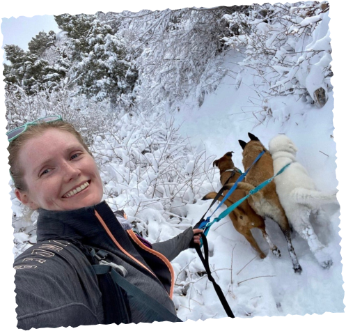 Person rock climbing on snowy mountain with dog nearby, active outdoor lifestyle