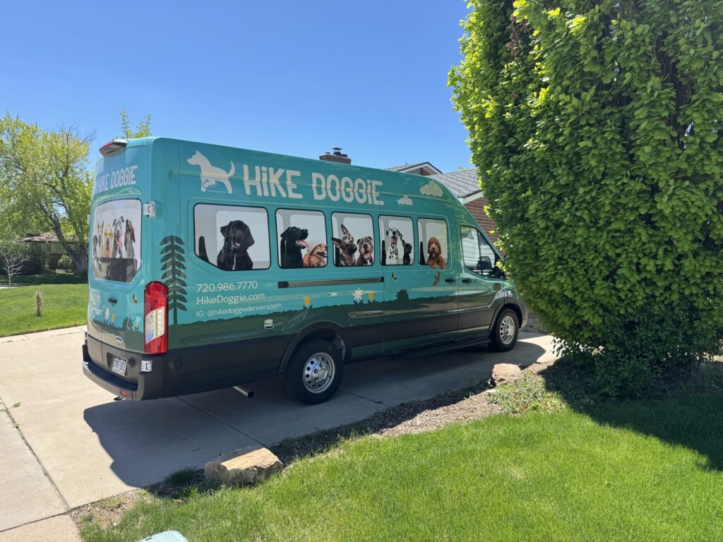 Teal Hike Doggie van parked on residential street