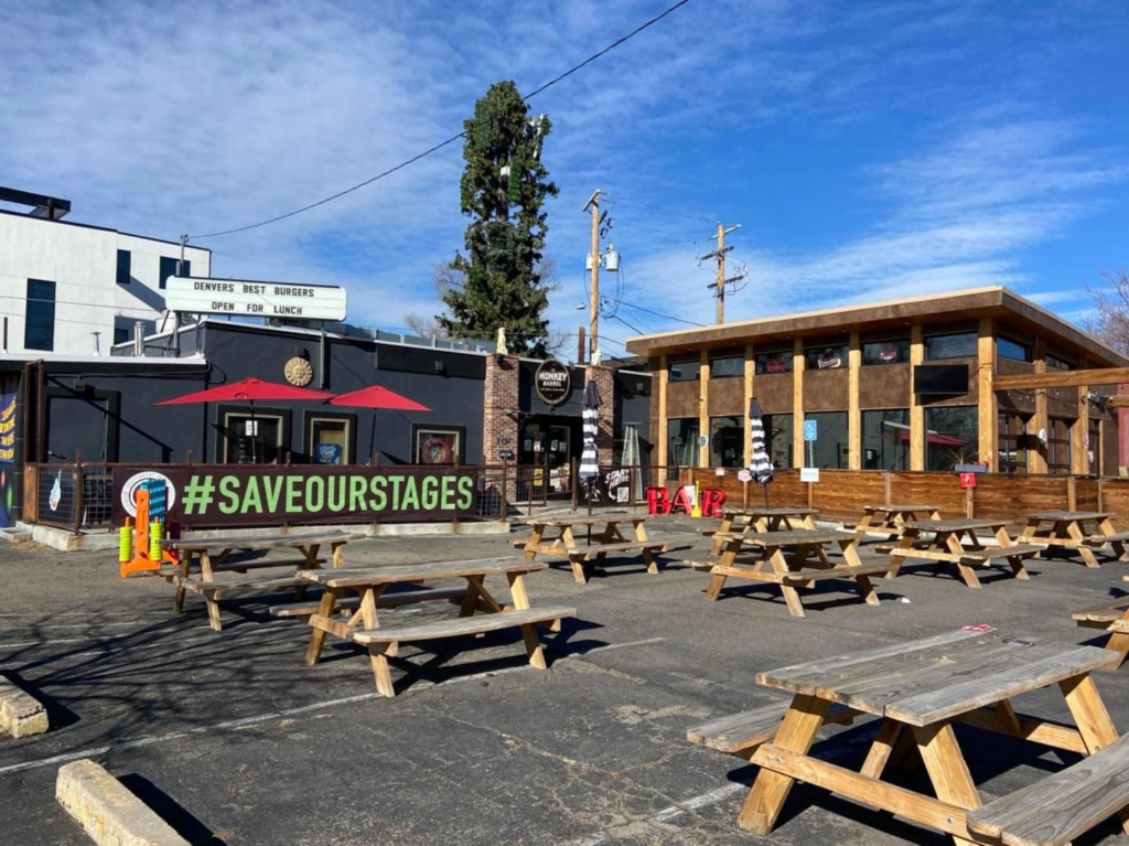 Outdoor brewery patio with picnic tables, dog-friendly location